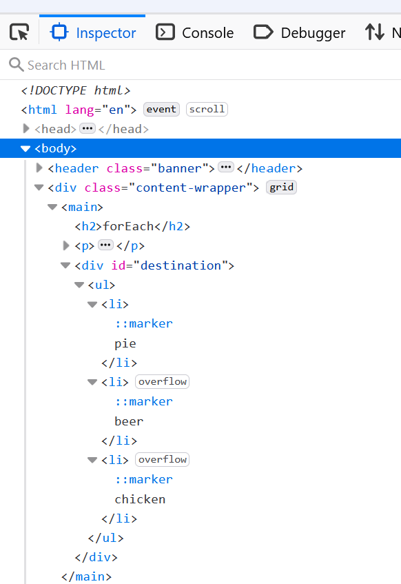 screenshot showing the ul element in the HTML code when using the inspect tool in Firefox